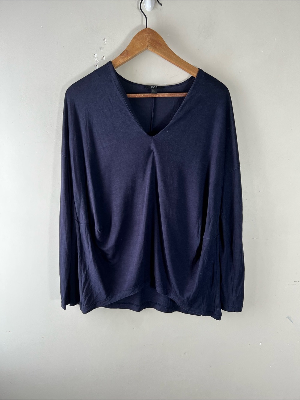 COS Size Small Navy Blue V-neck blouse draped relaxed silhouette Blue Viscose